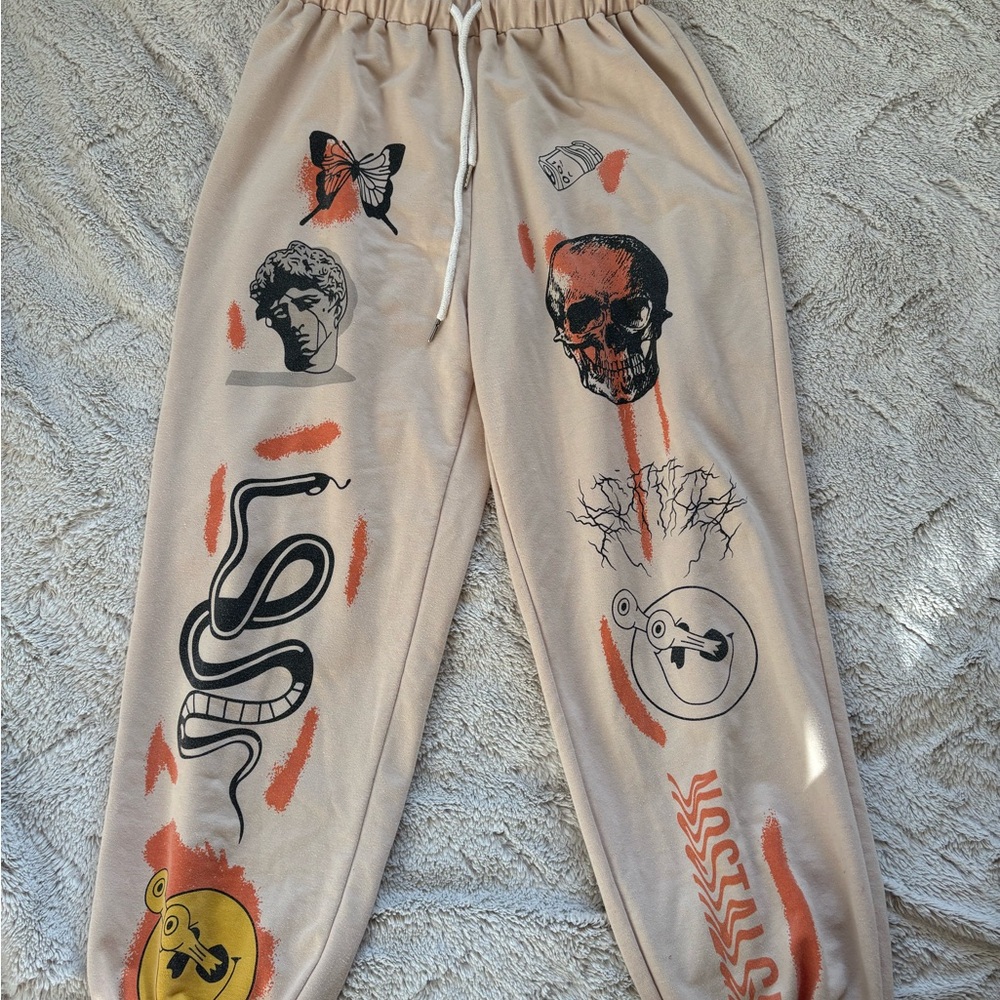 Beige Graphic Joggers